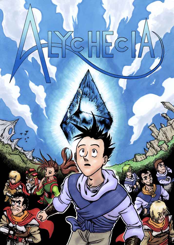 Colour drawing of a group of characters, titled Alychecia at the top in front of the sky. A large crystal in the center, behind the main character who is looking upwards.