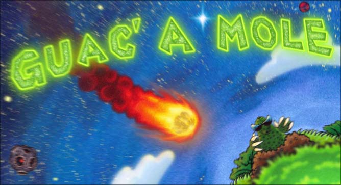 A brightly coloured, cartoony, image of a fiery asteroid hurtling toward a small, verdant planet, the title Guac' A Mole sparkles above it all in blocky letters.