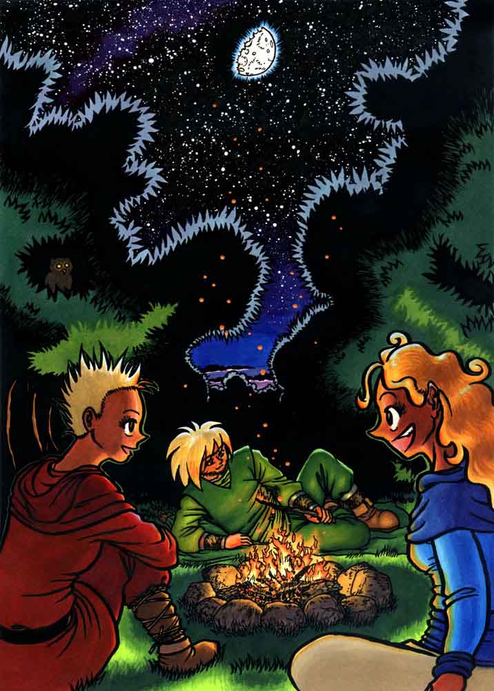 Colour drawing of three characters sitting around a campfire in a forest clearing beneath the starry sky.