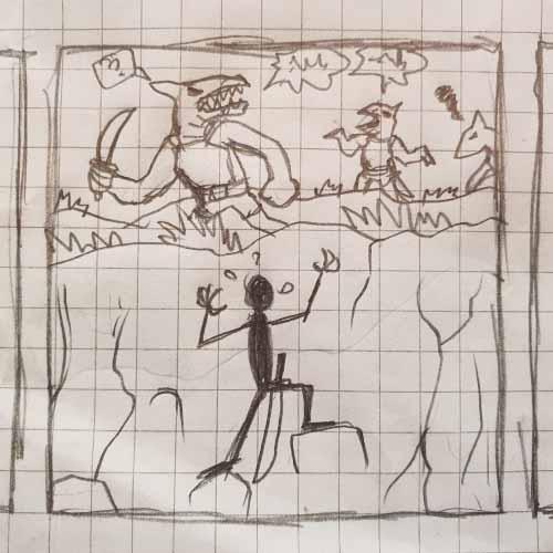 Drawing on checkered paper of a stick figure hiding from monster soldiers.