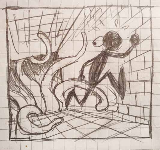 Drawing on checkered paper of a stick figure in perspective fleeing through a corridor from a tentacle monster.