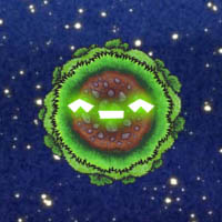 Cartoon image of a grass-covered planet in a star-studded space with neon green symbols for a happy face. Link to the website for the game Guac' A Mole.