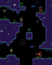 Screenshot of a 2D game, sideview, pixel graphics. A cave in bluish stone with a black background, and a green-clad game figure with a sword.