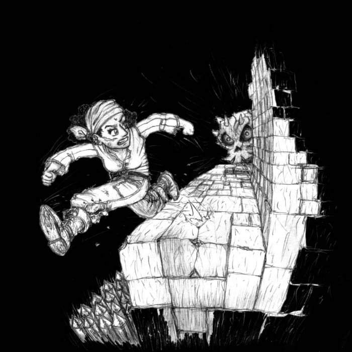Black and white drawing of a pirate woman jumping a ledge to run from a demon like skull hunting her.