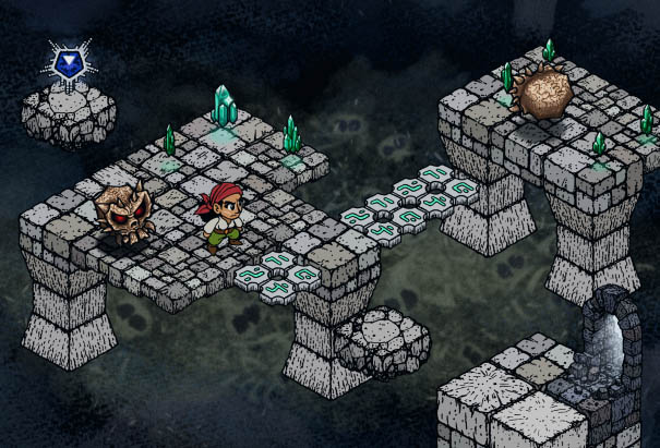 Screenshot of a game in isometric perspective. A pirate figure and two demon like skulls is standing on floating rock platforms.