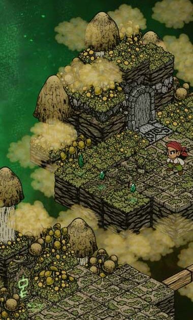 Screenshot of an isometric game with a pirate, big mushrooms, two doors, mossy tile floor and yellow fog.
