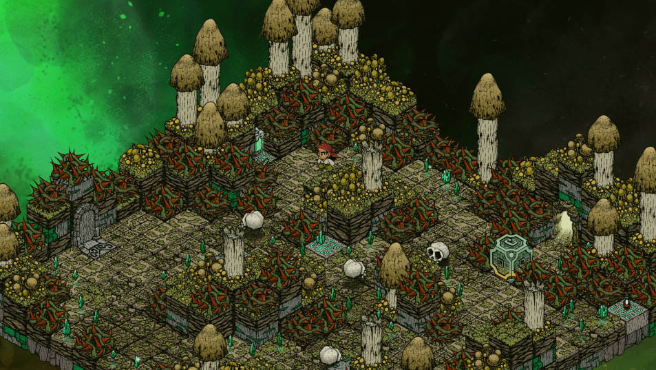 A mushroom forest with a small pirate, some skulls, thorn bushes, two doors and a green block.