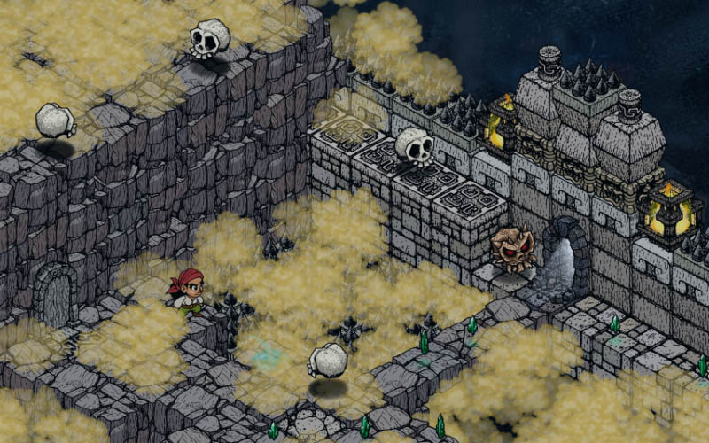 A pirate standing in yellow mist in a rocky landscape with some skulls moving around.