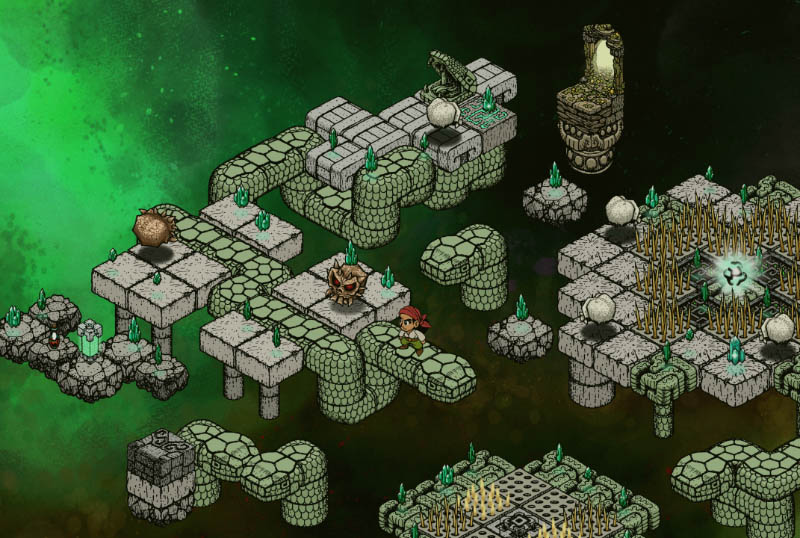 Isometric game with stone blocks and snake shaped platforms with a pirate standing and skulls moving around.
