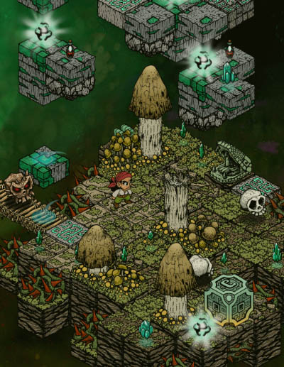 Part of screenshot of isometric game, a pirate standing on a green crystal block among big mushrooms and moving skulls.