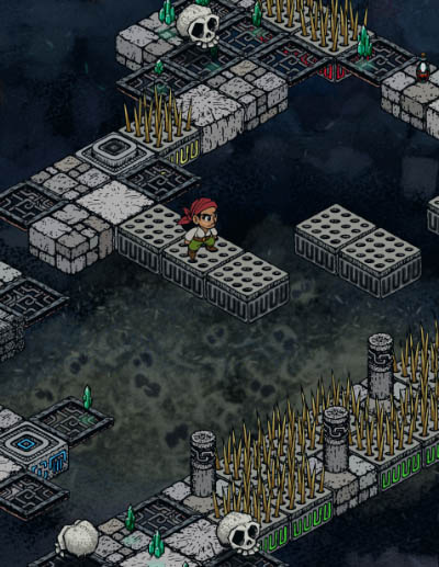 Part of screenshot of isometric game, a pirate standing on hovering blocks among needles and moving skulls.