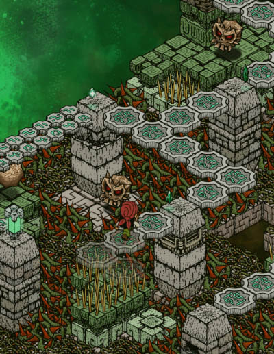 Part of screenshot of isometric game, a pirate walking on dissappearing platforms above thorn bushes and demon like skulls.
