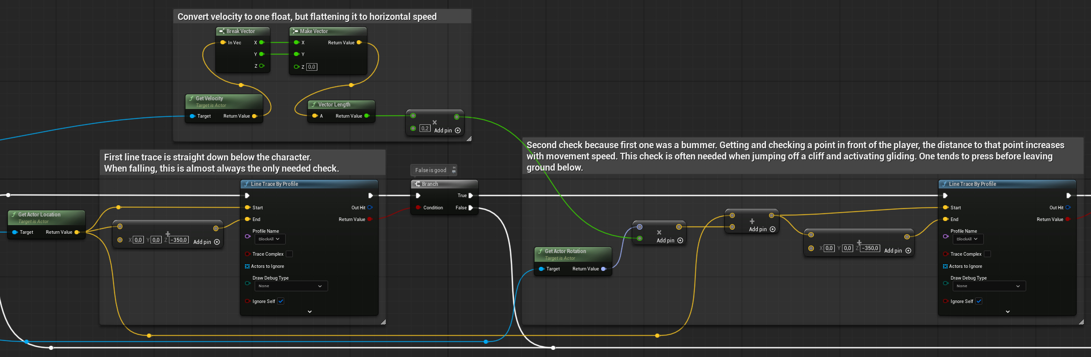 Nodes in Unreal Engine for making two line traces looking for ground before enabling paragliding.